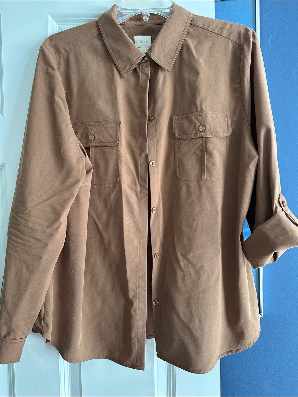 Chico's Button-front blouse in Warm Caramel Brown